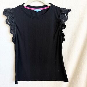 Draper James Black Ribbed Knit Top Eyelet Lace Flutter Sleeve Crew Neck Size L